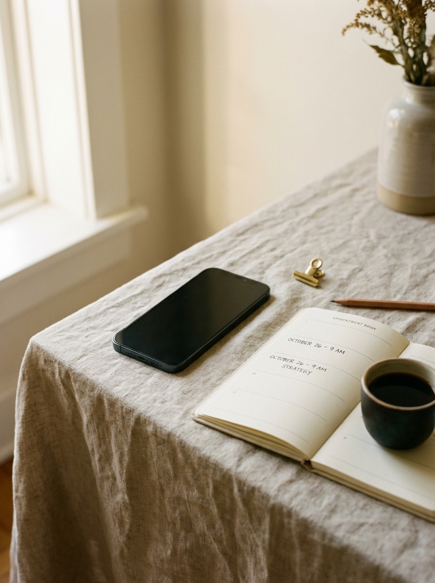 Phone on linen table